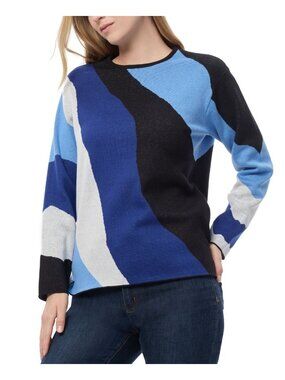 Jones New York Wave Intarsia Crewneck Sweater Petite Size PM Blue Black $100